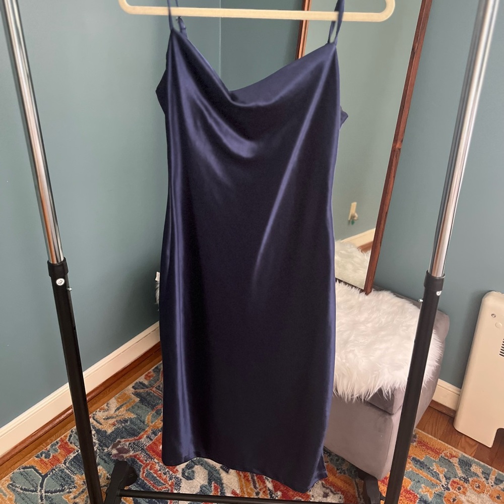 Navy satin slip dress. Adjustable straps, size zipper